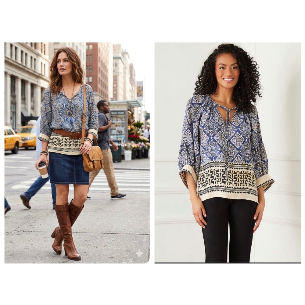 Karen Kane Peasant Blouse 3/4 Sleeves M Blue Medallion Boho Top Business Casual